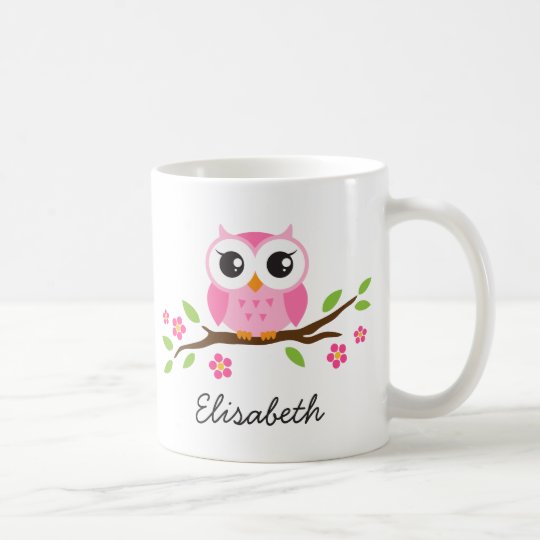 Taza De Café El búho en rama con las flores rosadas personalizó
