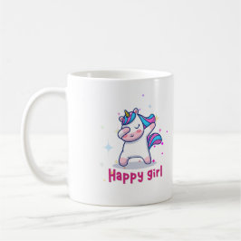 Taza De Café El colorido arcoiris kawaii, unicornio, Chica feli