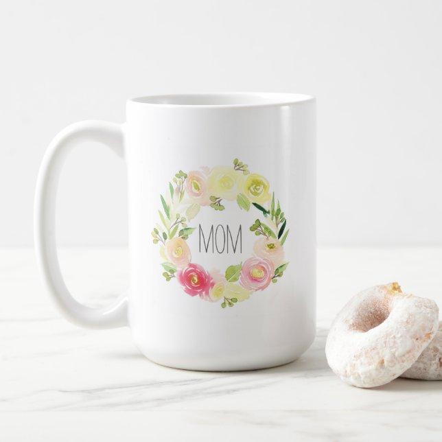 Taza De Café El día de madre floral de la acuarela rosada y (Con donut)