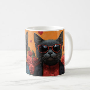 Taza De Café El día de San Valentín de gato azul ruso con Rosas