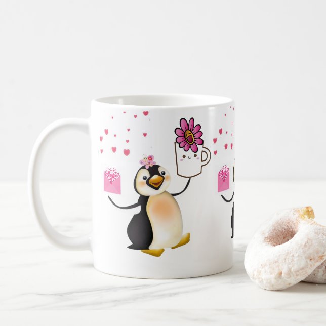 Taza De Café El día de San Valentín Mugs Penguin Hearts (Con donut)