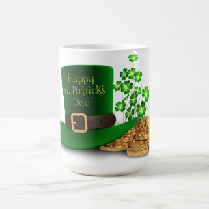 Taza De Café El día de St Patrick - gorra y tréboles y moneda