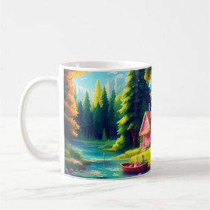 Taza De Café El Entorno Natural Con La Cabaña Rosa