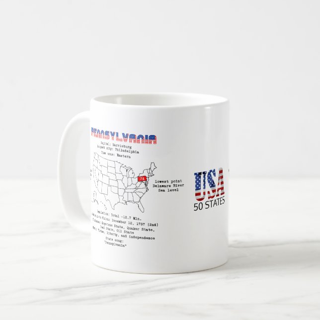 Taza De Café El estado norteamericano de Pensilvania en un mapa (Anverso izquierdo)