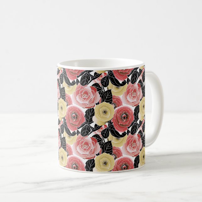 Taza De Café El florecimiento vibrante de las rosas amarillas y (Anverso derecho)