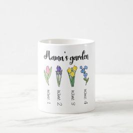Taza De Café El florido jardín de mamá con 4 nombres personaliz