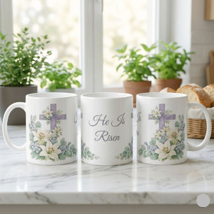 Taza De Café Él ha resucitado Acuarela Floral Cruz Pascua 2026