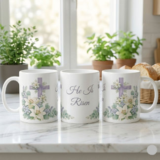 Taza De Café Él ha resucitado Acuarela Floral Cruz Pascua 2026 