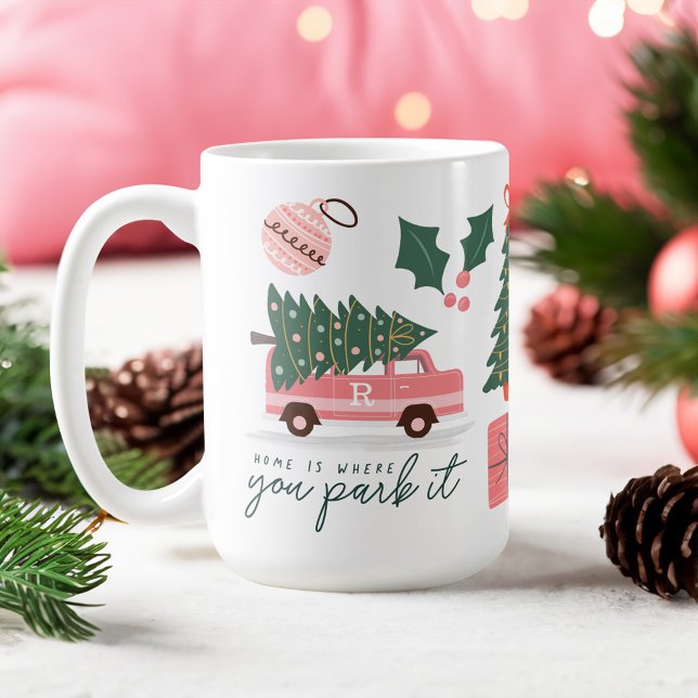 Taza De Café El Hogar Es Donde Se Aparta El Árbol De Navidad De (Home Is Where You Park It Pink Van Christmas Tree Coffee Mug)