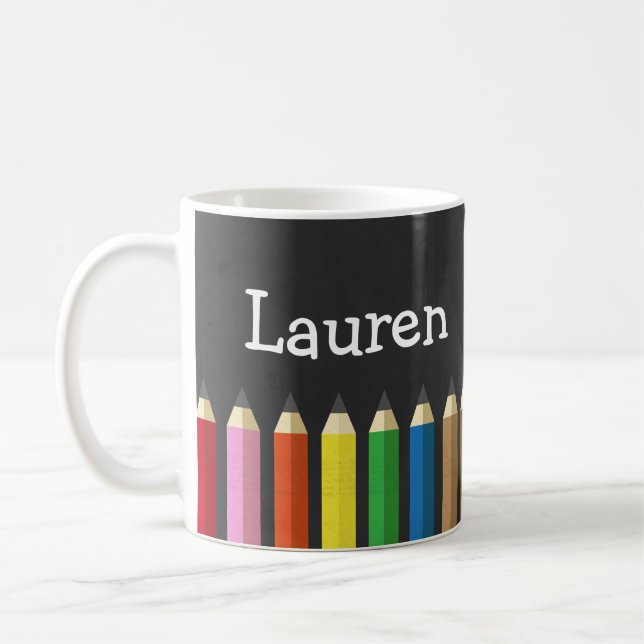 Taza De Café El lápiz del arco iris de la pizarra dibuja con (Izquierda)