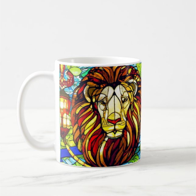 Taza De Café el león con aspecto de vidriera. Brillante diversi (Izquierda)