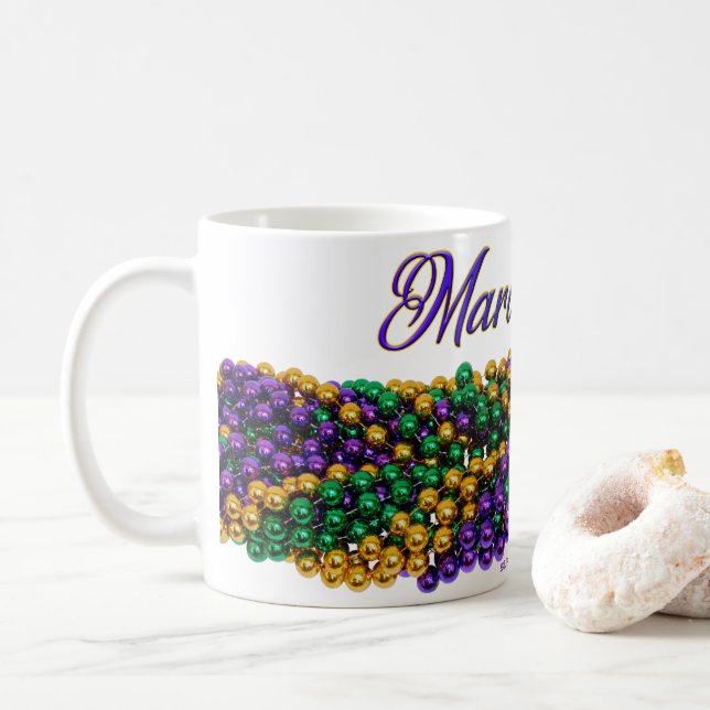 Taza De Café El Mardi Gras de SlipperyJoe's Bead Necklaces púrp (Con donut)