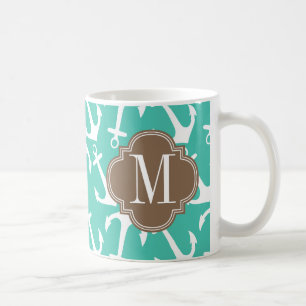 Taza De Café El marrón náutico femenino de la turquesa de las