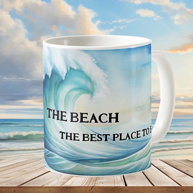 Taza De Café El mejor lugar para ser un bar acuático (Mug featuring a watercolor painting of a big wave on the beach. Great for a beach house or surfer)