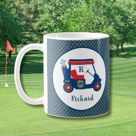 Taza De Café El oro azul marino y el golf rojo personalizado