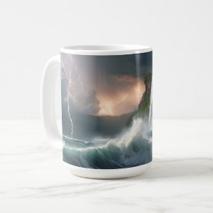 Taza De Café El paisaje de la playa de Waves Strike Lightning
