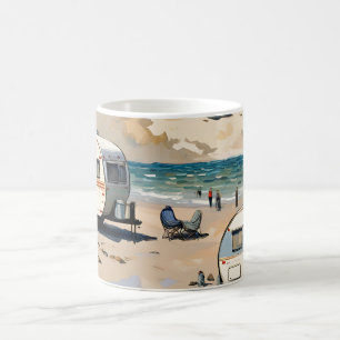 Taza De Café El paisaje marino, la caravana vintage en la playa
