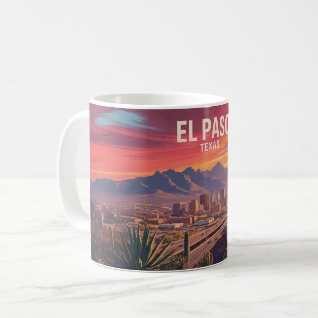 Taza De Café El Paso Texas Mug: Retro Desert Sunset Cityscape (Anverso izquierdo)