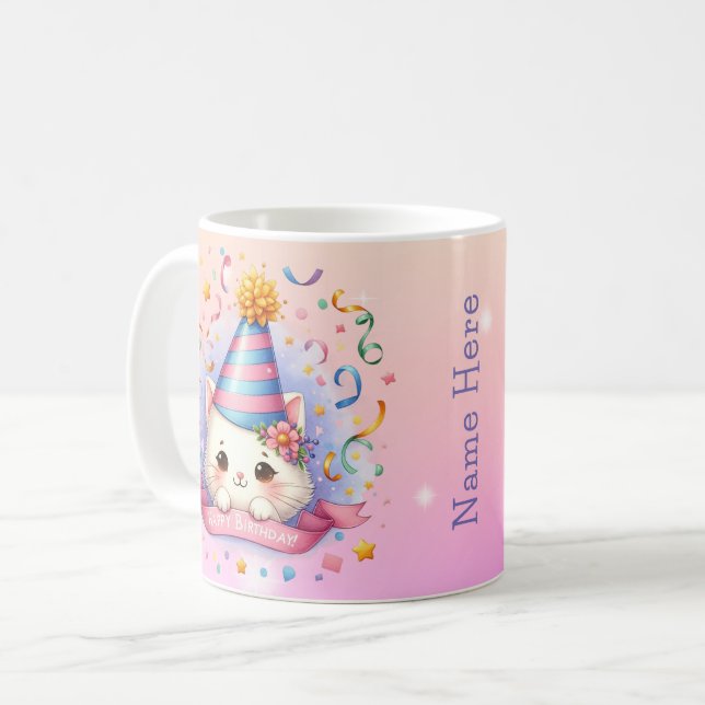 Taza De Café El Personalizado lindo Kawaii Kitty Cat Feliz cump (Anverso izquierdo)