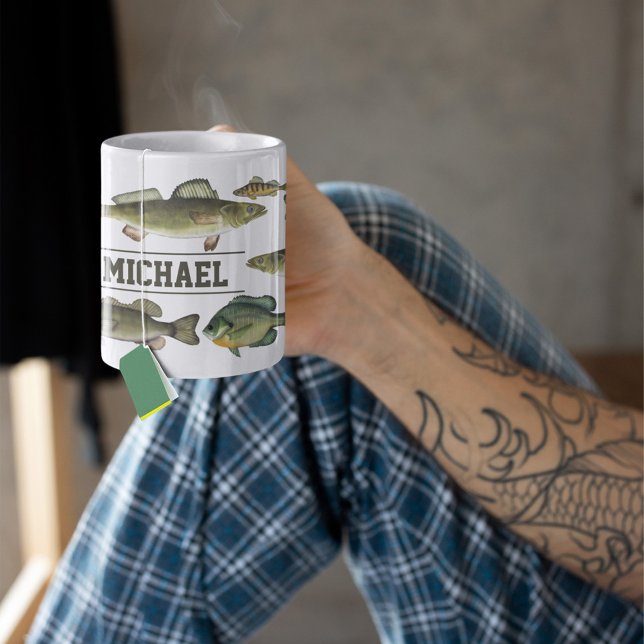 Taza De Café El pescador de Lake Fish Up North Cute Personaliza (Freshwater Fish Customized Name Mug)