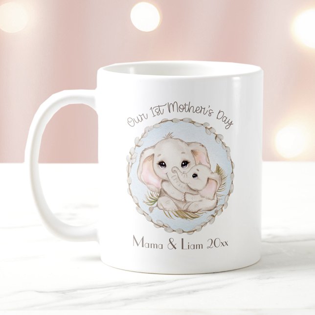 Taza De Café El primer elefante azul del día de la madre person (First Mother's Day Boy Blue Elephant Personalized Coffee Mug)