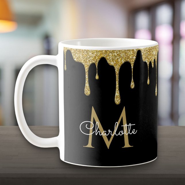 Taza De Café El Purpurina de oro desliza un monograma elegante  (Gold Glitter Drips Elegant Girly Script Monogram Coffee Mug)