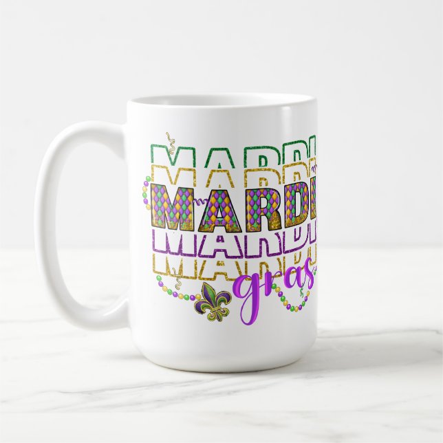 TAZA DE CAFÉ EL PURPURINA DE ORO VERDE PURPLE MIRA A MARDI GRAS (Izquierda)