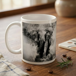 Taza De Café Elefante Africano Acuarela en Blanco y Negro