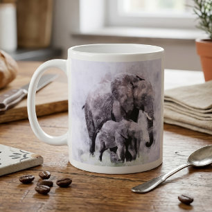 Taza De Café Elefante Africano Hembra con Cría Acuarela