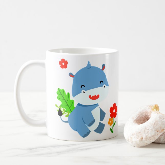 Taza De Café Elefante Azul lindo con flores rojas (Con donut)