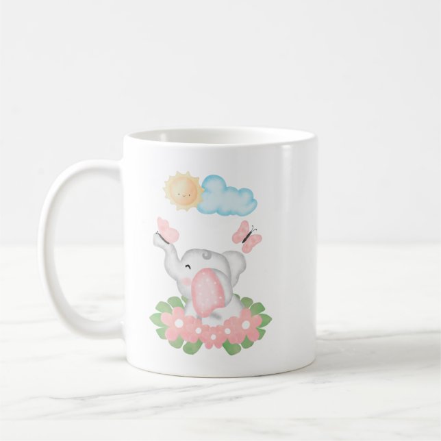 Taza De Café Elefante bebé lindo con flores rosadas Mug (Izquierda)