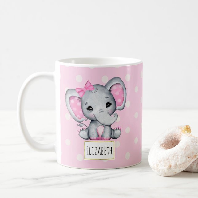 Taza De Café Elefante de bebé rosado con polka (Con donut)