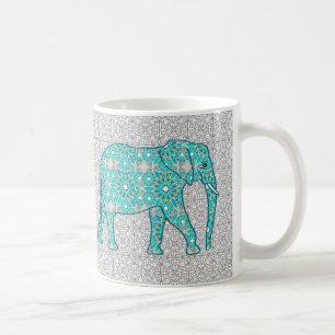 Taza De Café Elefante de flores de Mandala - turquesa, gris y b