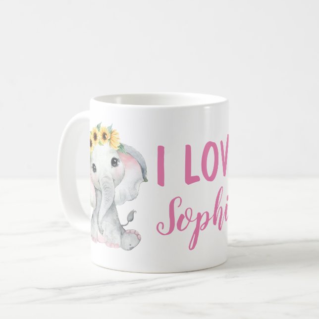Taza De Café Elefante de girasol Nombre personalizado Mug Chica (Anverso izquierdo)