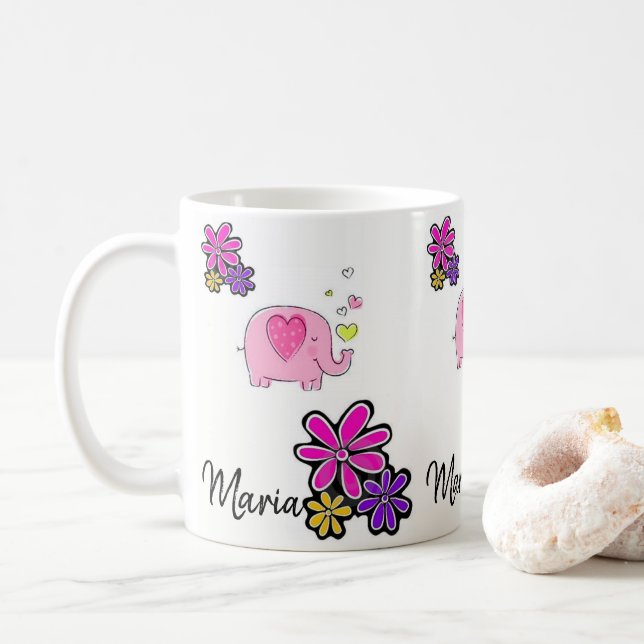 Taza De Café Elefante rosa Mug Floral (Con donut)