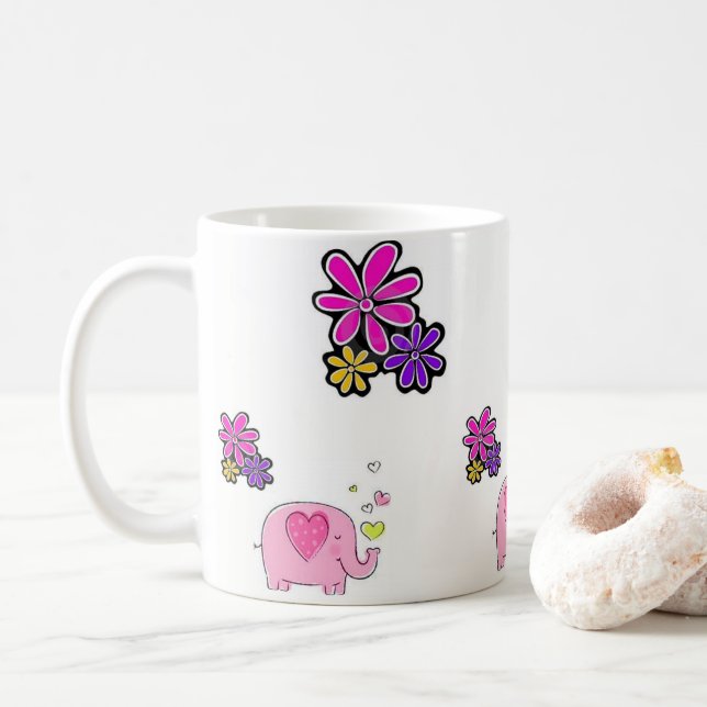 Taza De Café Elefante rosa Mug Floral (Con donut)