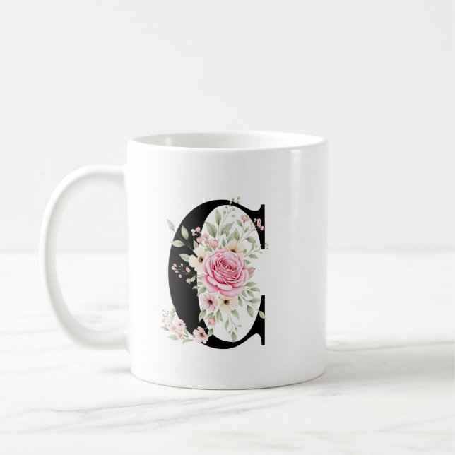 Taza De Café Elegant Alphabet Coffee Cup with Pink Rose Design (Izquierda)