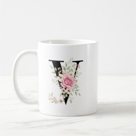 Taza De Café Elegant Alphabet Coffee Cup with Pink Rose Design