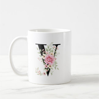 Taza De Café Elegant Alphabet Coffee Cup with Pink Rose Design