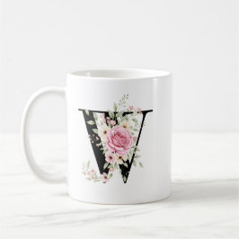 Taza De Café Elegant Alphabet Coffee Cup with Pink Rose Design