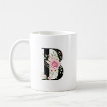 Elegant Alphabet Coffee Cup with Pink Rose Design