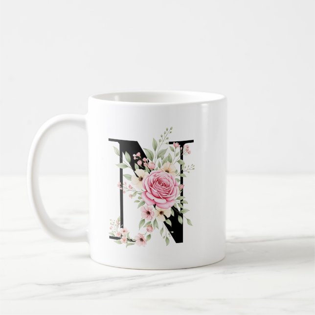 Taza De Café Elegant Alphabet Coffee Cup with Pink Rose Design (Izquierda)