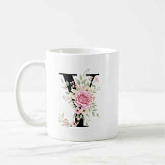 Taza De Café Elegant Alphabet Coffee Cup with Pink Rose Design