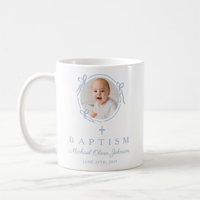Taza De Café Elegant Baby Blue Boy Photo Baptism (Izquierda)