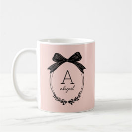 Taza De Café Elegant Black Bow Initial Chic Blush Pink Monogram