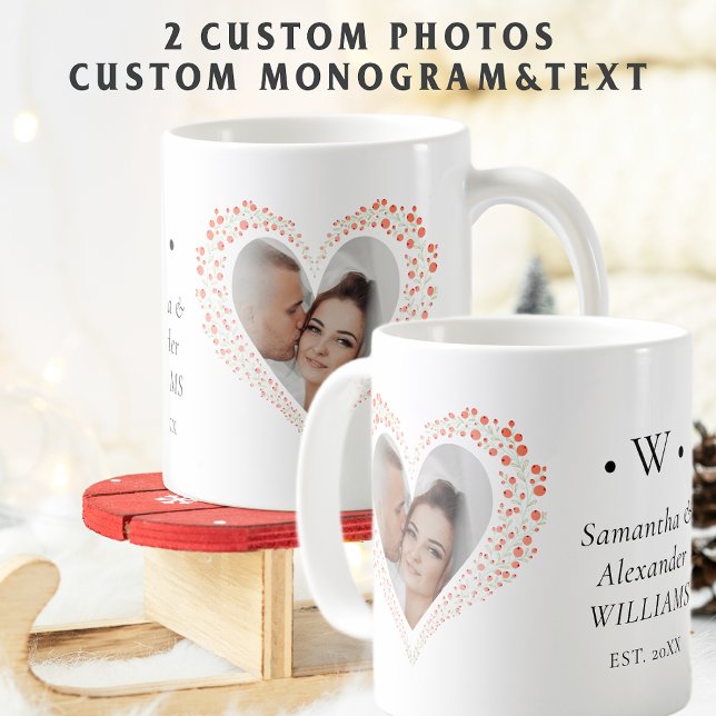 Taza De Café Elegant Botanical Heart Photo Wedding Christmas (Elegant Botanical Heart 2-Photo Wedding First Christmas Custom Monogram, Message & Year Coffee Mug)