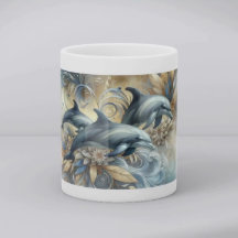 Elegant Dolphins with Golden Floral Waves