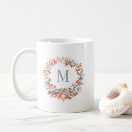 Taza De Café Elegant Dusty Blue Monogram Wreath Christmas