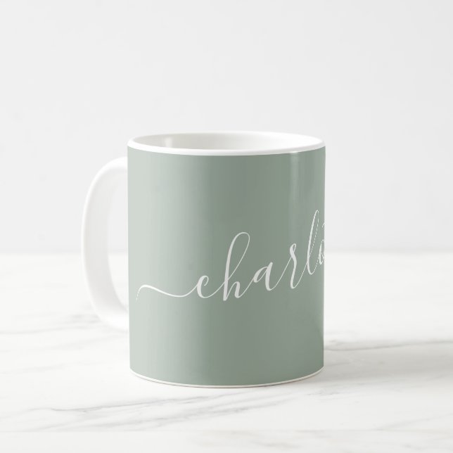 Taza De Café Elegant Dusty Sage Script Modern Name Personalized (Anverso izquierdo)