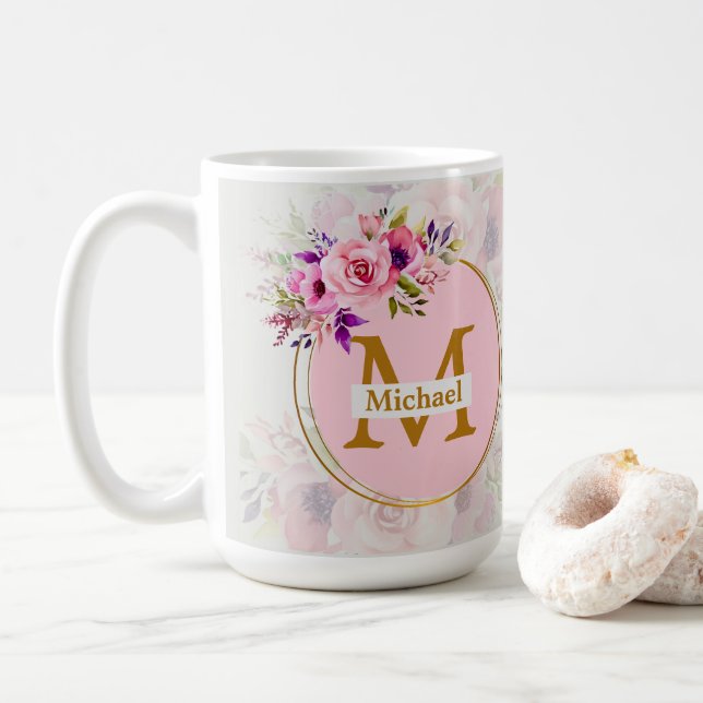 Taza De Café Elegant Floral Gold Monogram | Name & Initial (Con donut)